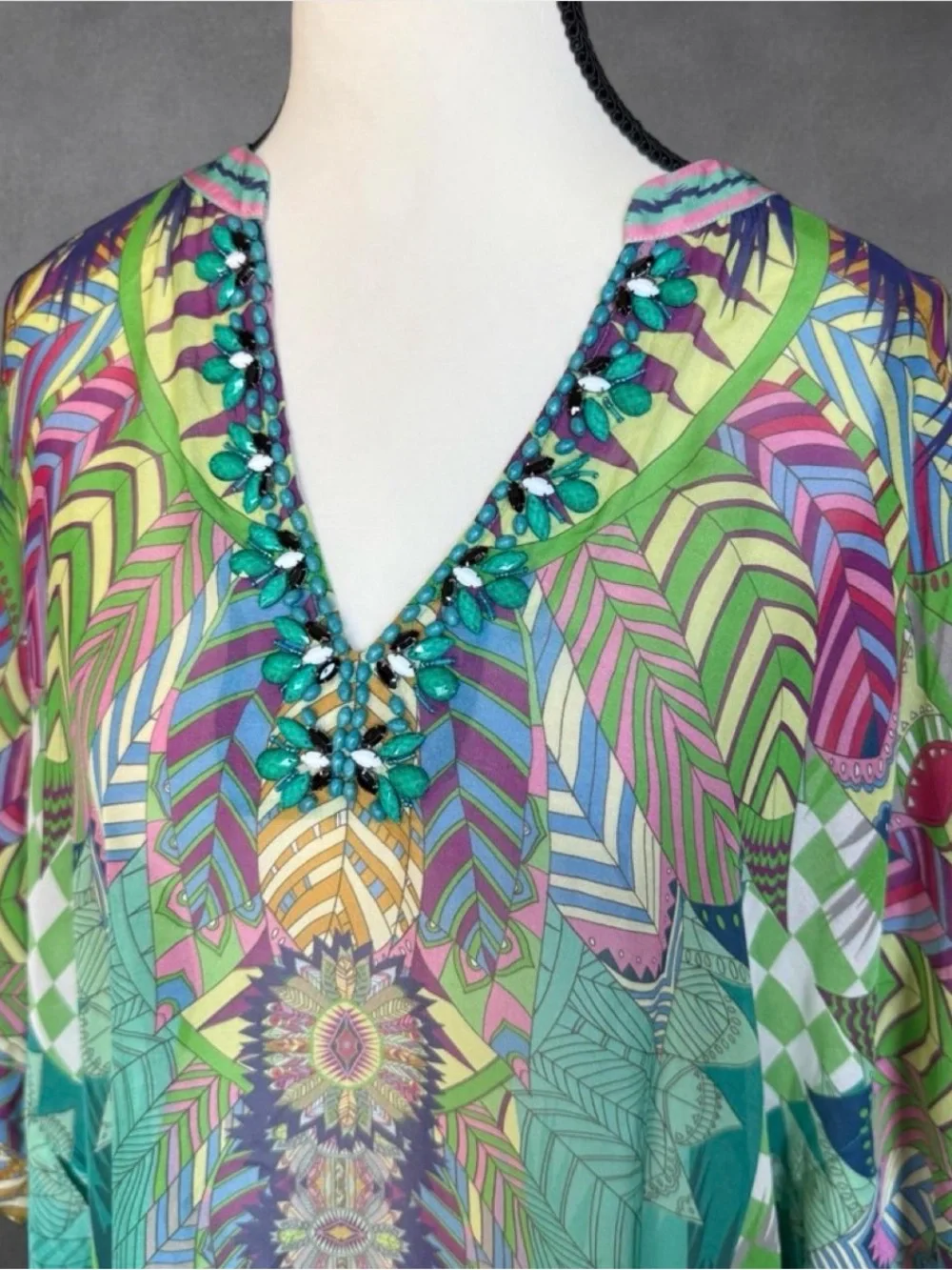 Hale Bob Silk Embellished Geometric Kaftan Tunic Dress/Cover-Up - Size S